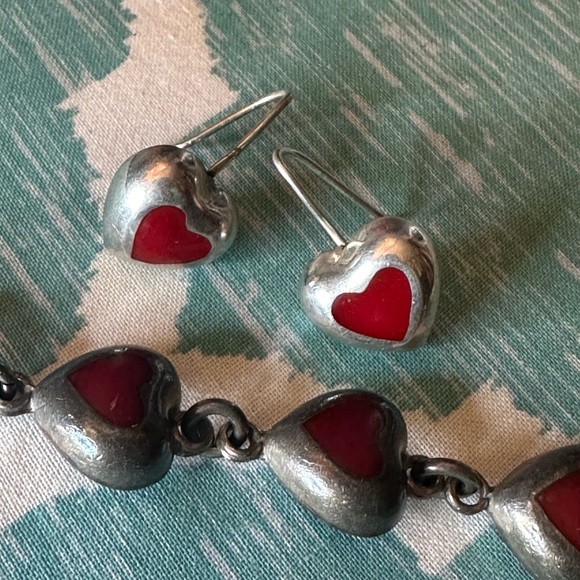 STERLING SILVER STAMPED 925 SET RED HEART ENAMAL INLAY SET - Picture 1 of 4